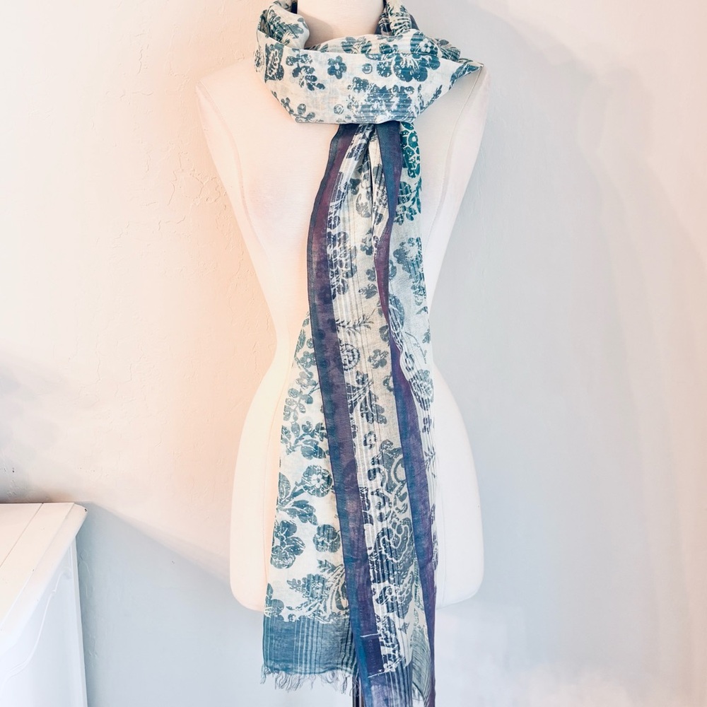 Coccinelle Block Print Silk Linen Blend Fringe Trim Scarf White Blue Green